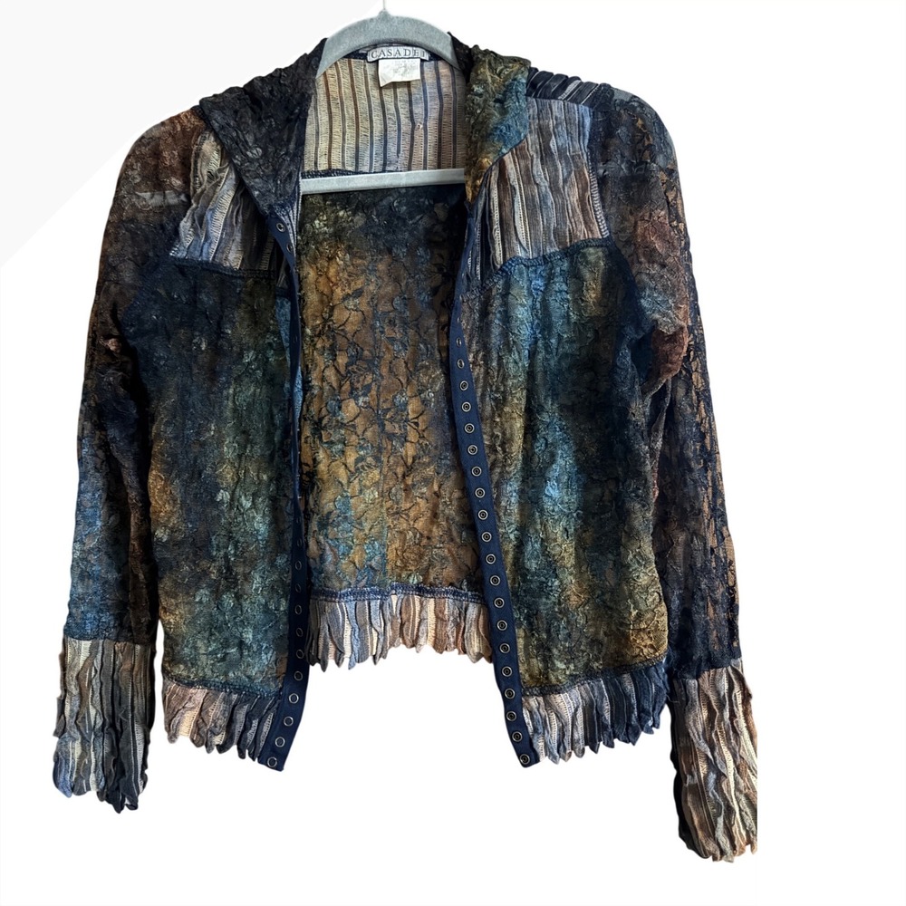 Casadei Y2K Bohemian Sheer Floral Lace Snap Front Top Hooded Long Sleeve S